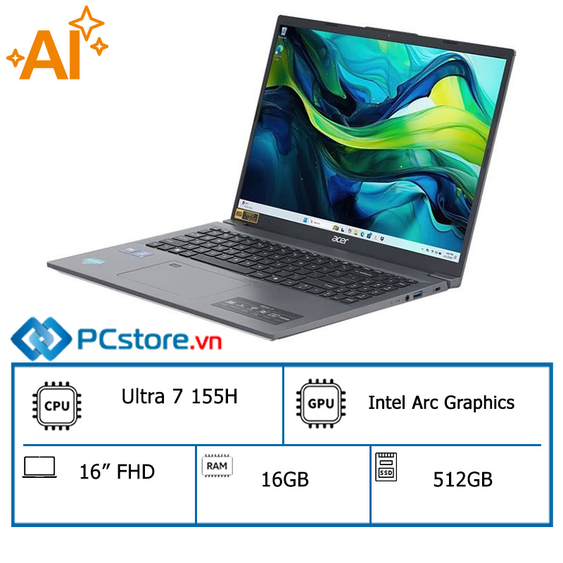 Laptop Acer Aspire 16 AI A16 71M 71U7 Ultra 7 155H, 16GB, 512GB