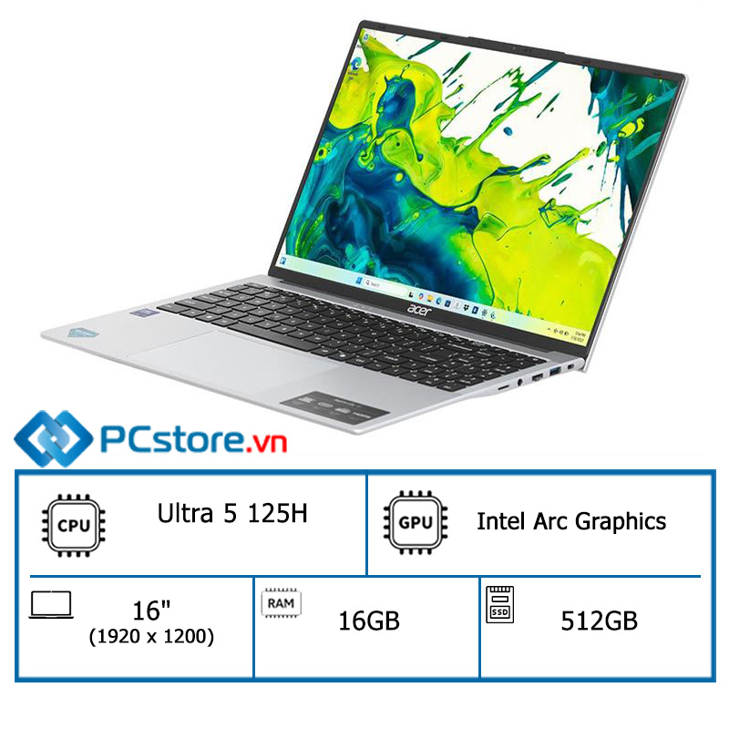 Laptop Acer Aspire Lite 16 AI AL16 71P 5674 Ultra 5 125H, 16GB, 512GB