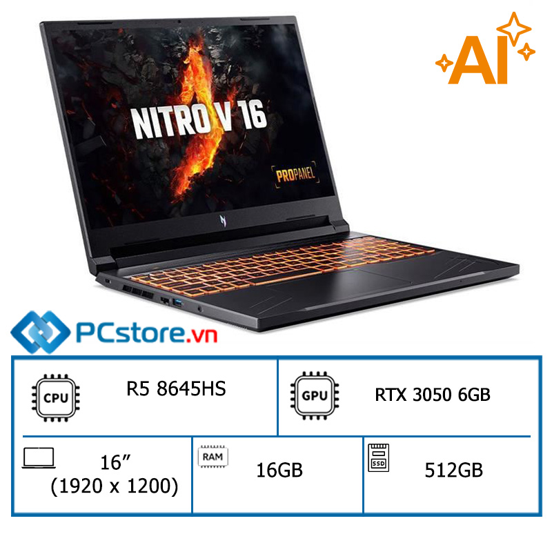 Laptop Acer Gaming Nitro V 16 ProPanel ANV16 41 R5 8645HS, 16GB, 512GB, RTX 3050 6GB