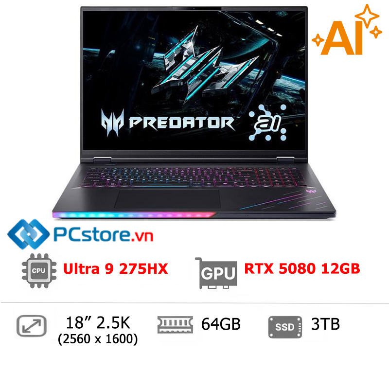 Laptop Acer Gaming Predator Helios 18 AI PH18 73 93P0 Ultra 9 275HX, 64GB, 3TB, RTX 5080 12GB, 2.5K 250Hz