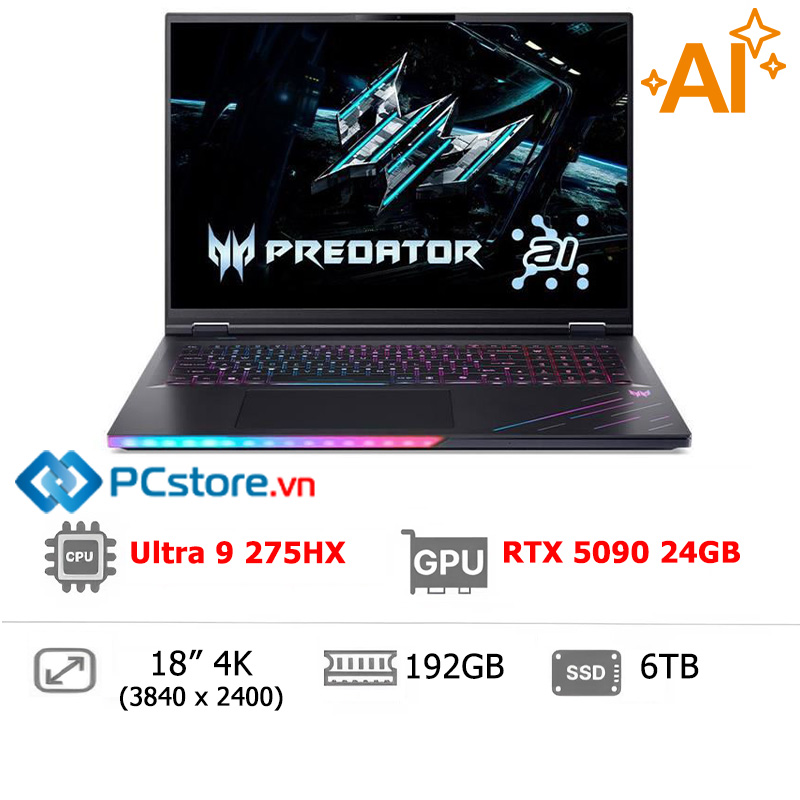Laptop Acer Gaming Predator Helios 18 AI PH18 73 98AQ Ultra 9 275HX, 192GB, 6TB, RTX 5090 24GB, 4K 120Hz