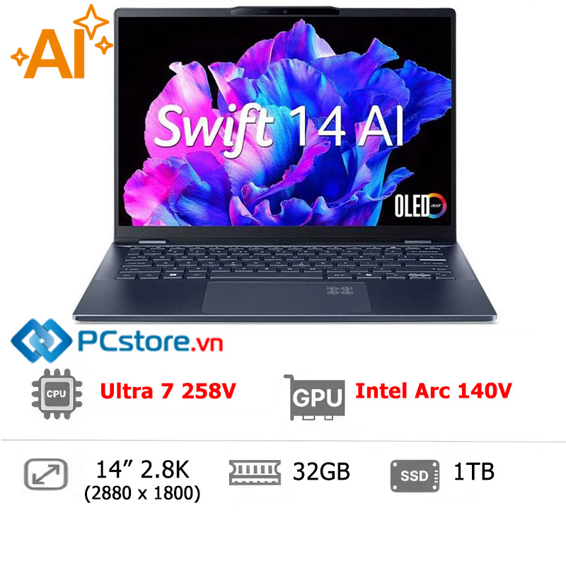 Laptop Acer Swift AI SF14 51 75VP Ultra 7 258V, 32GB, 1TB, 2.8K OLED 90Hz