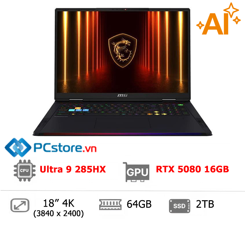 Laptop MSI Raider 18 HX AI A2XWIG Ultra 9 285HX, 64GB, 4TB, RTX 5080 16GB, 4K 120Hz
