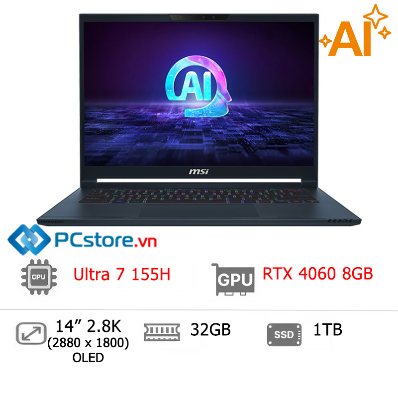 Laptop MSI Gaming Stealth 14 AI Studio A1VFG Ultra 7 155H/32GB/1TB/8GB RTX4060/120Hz
