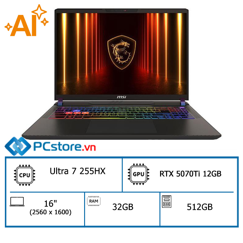 Laptop MSI Gaming Vector 16 HX AI A2XWHG Ultra 7 255HX, 32GB, 512GB, RTX 5070Ti 12GB